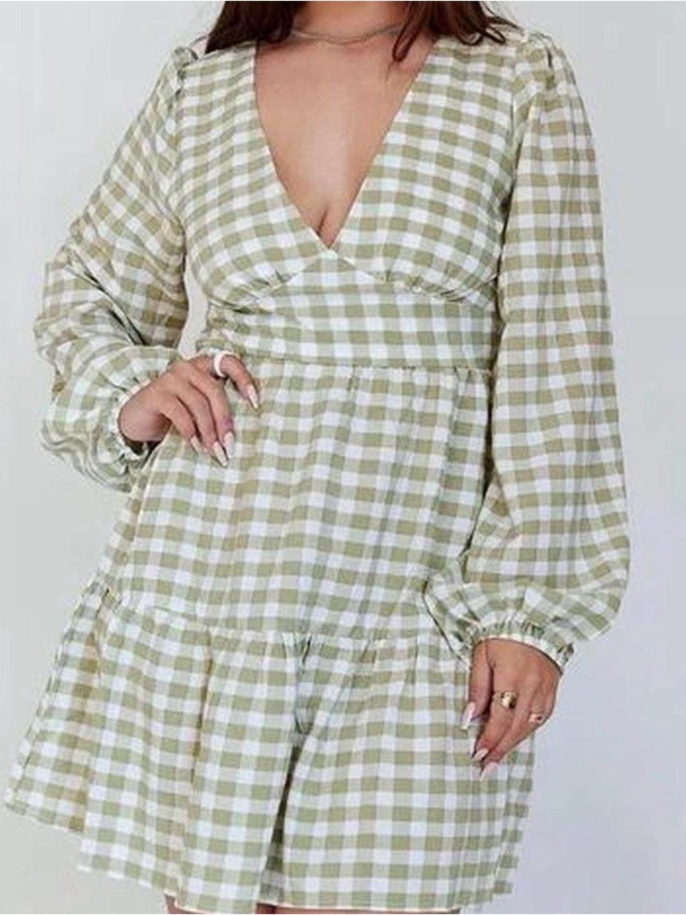 Princess Polly Green & White Gingham V-Neck Mini Dress